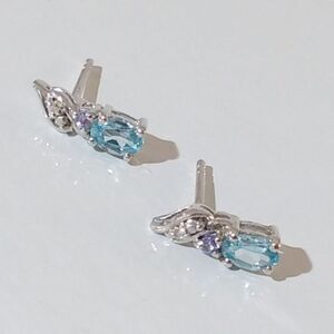 Blue Zircon, Tanzanite, Diamond Oval Post Earrings